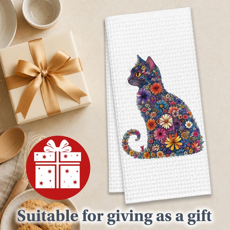 Floral Cat Kitchen Towel, Colorful Kitten Hand Towel for Cat