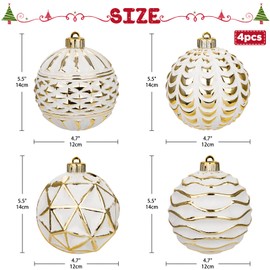 Oairse 12cm Large Christmas Baubles 4 Pcs Shatterproof Big White Silver Christmas Balls Ornaments for Vintage Rustic Christmas Tree Ornaments for Xmas Trees Holiday Wedding Party Decoration