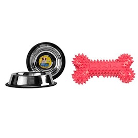 Fancy Pets Plato Ligero de Acero Inoxidable para Perro Tamaño 24 Onzas o 680 Gramos + Juguete en Forma de Hueso de Caucho para Perro, Varios Colores