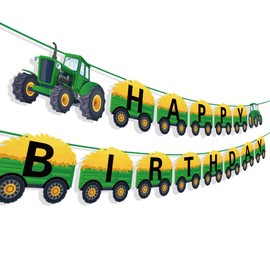 Tractor Happy Birthday Bunting Banner, Tractor Party Decoration Farm Theme Green Birthday Decor Supplies, Farm Tractor Party Supplies Green Tractors Birthdays Banners for Farmer Outdoor