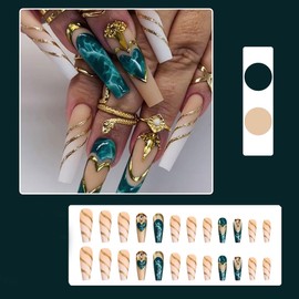 24Pcs French Press on Nails Square Long Fake Nails Artificial Glue on Nails with Blue Marble Heart Designs Acrylic Full Cover Fake Nails with Design Nail Tips Stick on Nails for Women Nail Decorations