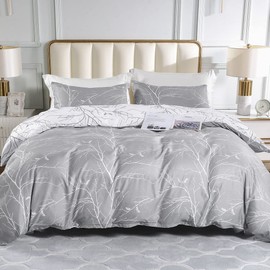 Lekesky Bed Linen 220 x 240 cm, Bed Linen 3-Piece Duvet Cover, Branch and Leaf Motif Bed Linen Set 220 x 240 cm Microfibre with Pillowcase with Zip 80 x 80 cm x 2, Grey/White