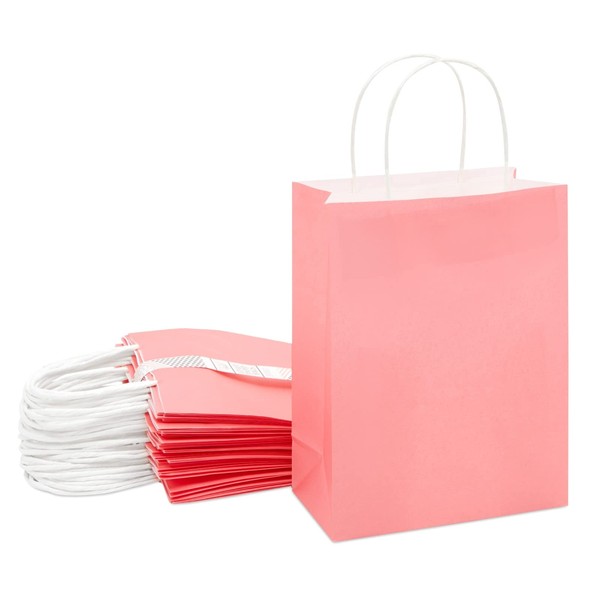 25-Pack Pink Gift Bags with Handles, 8x4x10-Inch Medium-Sized Kraft Paper Party Favor Goodie Bags for Weddings, Bridal Showers, and Baby Showers, Boutique Merchandise Bags for Small Businesses