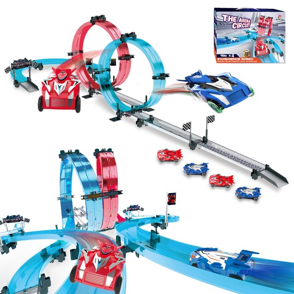 Car Race Track Sets with 4 Pull-Back Cars, 360° Loops,