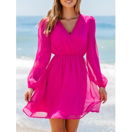 CUPSHE Women's Mini Dress V Neck Chiffon A-Line Short Dress Long Peasant Sleeves Hot Pink, M