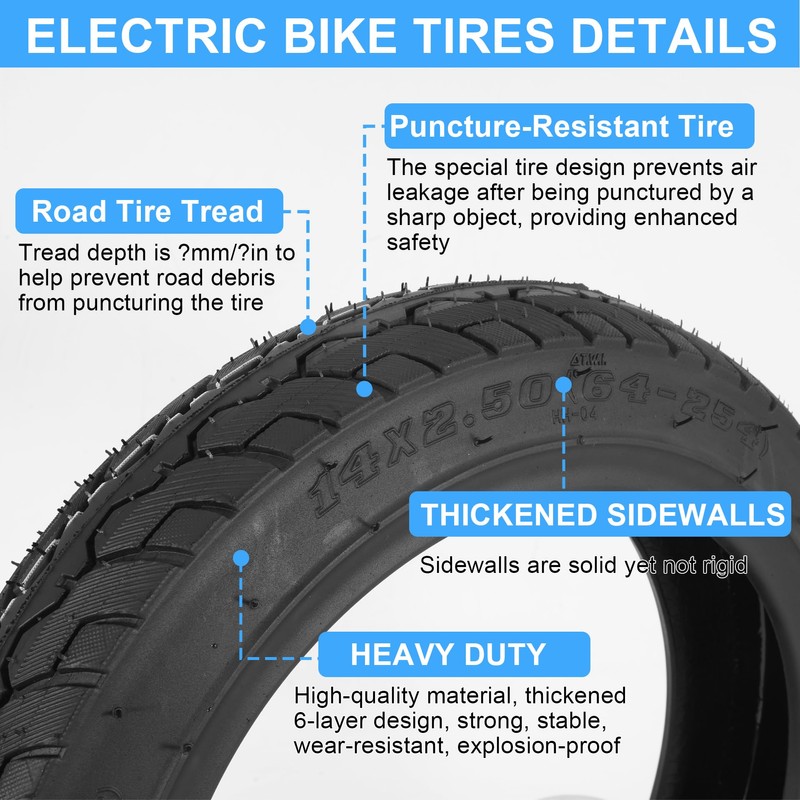 14X2.50 E-Bike Tubeless Tire with Self-Sealing Puncture Protection 6PR 1PAC