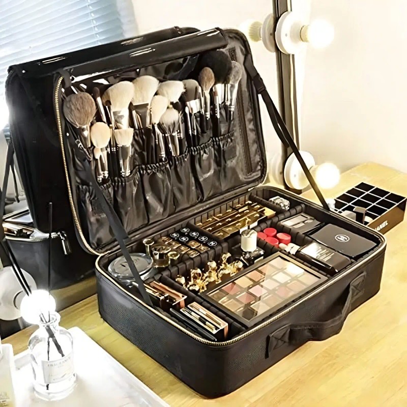Maletín Maquillaje Cosmetiquera Con Divisor Ajustable Viaje Color Negro