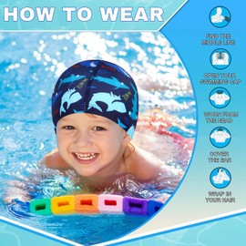 4PCS Swimming Cap Kids, Waterproof Swimming Cap, Comfortable Swim Cap for Boys Girls, Cartoon Shark Dinosaur Cat Pony Swim Cap Kids for Age 2-12 Teens, Kids Swim Cap for Long Short Hair (Blue)