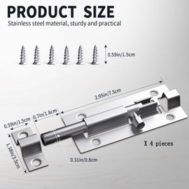 4 Pack Sliding Door Lock, 3 Inch Barrel Bolt Latch, with 12 Screws Sliding Door Lock, Thickened Stainless Steel Door Lock Latch
