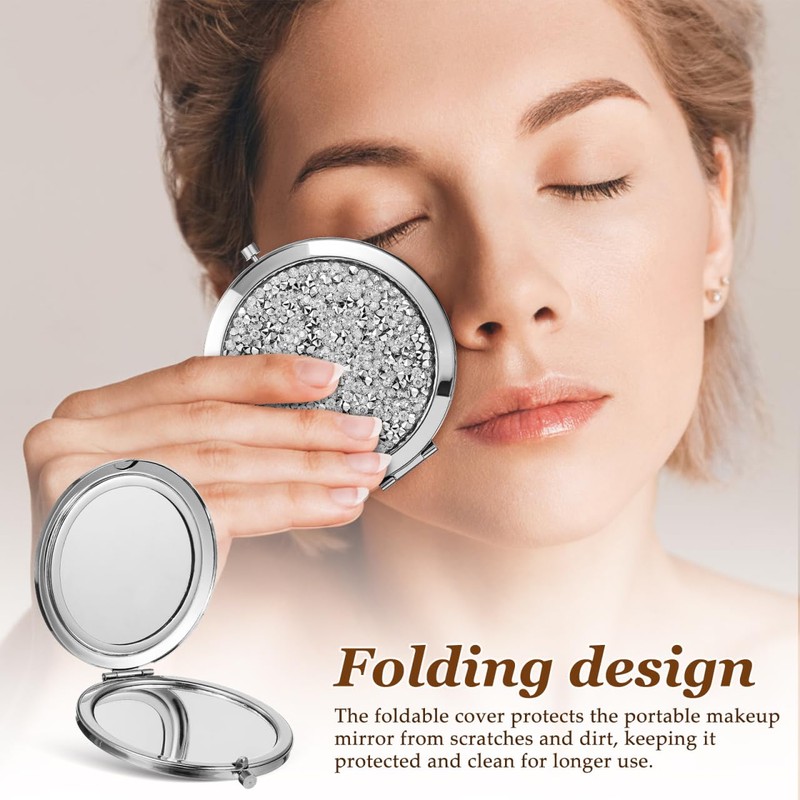LALAFINA Rhinestone Compact Mirror Double-Sided Round Pocket Makeup Mirror for