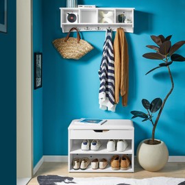 Haotian White Wall Shelf with Coat Hooks, Wall Coat Rack Entryway, Display Storage Unit with 4 Components 5 Bathroom Kitchen Cupboard, FRG48-L-W