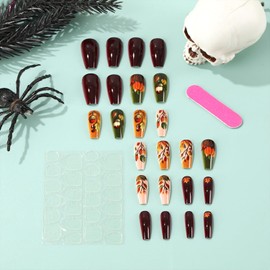 Fall Leaf Press on Nails Thanksgiving Pumpkin False Nails with Design Medium Square Artificial Stick on Nail Glossy Autumn Maple Leaves Acrylic Glue on Nail for Women