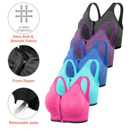 DODOING Zip Front Sports Bra Post Surgery Bra Yoga Bra Workout Fitness Activewear Racerback Padded Bras for Women-5PCS