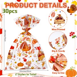 Cholemy 30 Pcs Thanksgiving Large Cellophane Gift Basket Bags 19.7" x 27.6" Jumbo Fall Plastic Wrap Bags Turkey Leaf Pumpkin Goody Bags with Twist Ties for Thanksgiving Day Present Crafts Party Favors