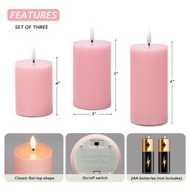 AFINETH Pink Flameless Pillar Candles, Real Wax Battery Operated Candles with Remote, Flat Top Flickering Flameless Candles, LED Candles for Home Party Wedding Romantic Night Decor, Set of 3