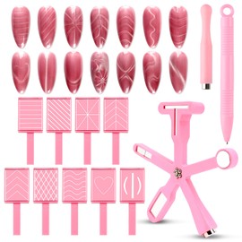 heemeei 12pcs Cat Eye Magnet for Nails, 6 In 1 Multifunction 9pcs Stripe Plates Pen Wand for Cat Eye Gel Polish 3d Nail Art Salon or Diy (Pink)