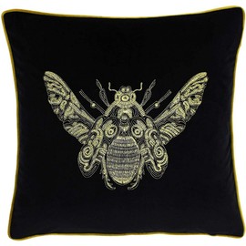 Riva Paoletti Cerana Cushion Cover - Super Soft Velvet Fabric - Embroidered Gold Bee Design - Gold Piped Edges - 100% Polyester - Black - 50 X 50cm (20" X 20" Inches)