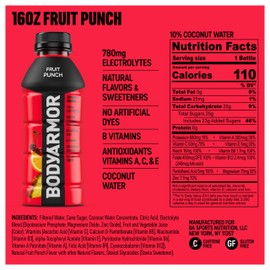 BODYARMOR Sports Drink, Fruit Punch, Electrolyte Drink Hydration, 16 Fl Oz Bottles (12 Pack), Flavored Coconut Water with B Vitamins & Antioxidants
