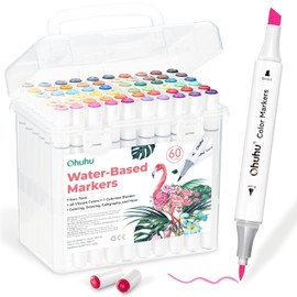 Ohuhu Rotuladores Brush Pen 60 colores, base acuosa, doble punta biselada y pincel, sin sangrado, para principiantes, rotuladores para dibujar.