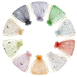 MOTYAWN 100 Pcs Sheer Organza Bags with Drawstring Gold Star Moon Print Gift Jewelry Pouches for Wedding Party Christmas Favor Gift Sachet Bags