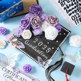 Solsew Graduation Cap Decorations Kit Grad Cap Topper DIY Set Included Artificial Flower, Glitter Laser Butterfly Stickers Leaves Accessory for Graduacion 2025 Wreath Art(Purple)