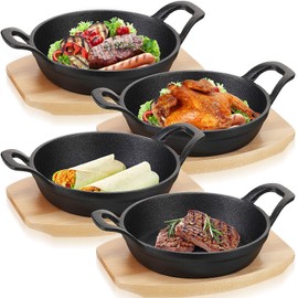 Sliner 4 Sets Mini Cast Iron Skillet Small Cast Iron Plates Skillet with Wooden Base Small Round Pan Fajita Plate Pot for Baking Cooking(7.1 Inches)