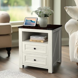 MUUEGM 24" End Tables for Living Room, Withe Night Stand with Charging Station and 6.5ft Power Cord, Side Tables for Bedroom with 2 Drawers, Bedside Table Set of 1