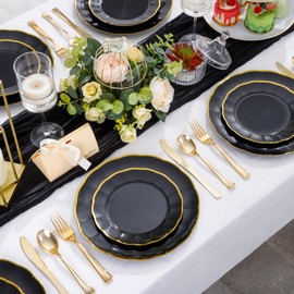 EI 150pcs Black Plastic Plates,Black and Gold Fancy Plate,Gold Plastic Silverware,Black and Gold Dinnerware Set,Premiun Heavy Duty Taleware,Perfect for Birthday,Party,Wedding,Anniversary