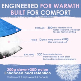 ODESUN Down Camping Blanket - Lightweight Outdoor Down Blanket Camping Large Puffy Printed Warm Down Quilt Travel Blanket Packable Waterproof for Camping Picnic Hiking Stadium Cold Weather - 78" x 55"