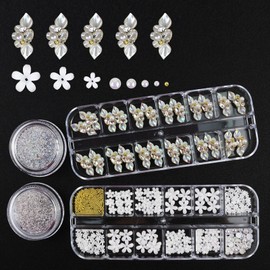 VOTACOS Rhinestones for Nails, Nail Art Charms 3D Flower Nail Charms for Acrylic Nails White Gold Supplies Luxurious Gems Rhinestones Pearls Design Accessories for Women Manicure Decorations