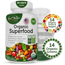 AAMATEC LIFE Organic Superfood Greens Fruits and Veggies Complex - Dietary Supplement with 14 Greens and 14 Fruits & Vegetables with Alfalfa Rich in Antioxidant Organic Ingredients Non-GMO, 60 Count