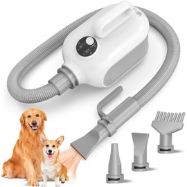 SISIGAD Dog Hair Dryer, Dog Dryer for Pet Grooming, Adjustable Speed and Temperature, 3 Different Nozzles Suitable for All Kinds of Pets (White)