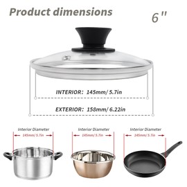 6" Tempered Glass Pan Lid with Steam Vent, Thickened to 4mm, Universal Fit for Cast Iron Skillets, Frying Pans & Pots