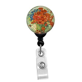 Vincent Van Gogh - Red Poppies And Daisies - Flowers In A Vase - Retractable Badge Reel - ID Name Tag Custom Badge Holder (Black Badge Reel with Belt Slide Clip)