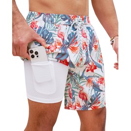 Milin Naco Mens Swim Trunks 7" Quick-Dry Swim Shorts with Compression Liner and Zipper Pockets