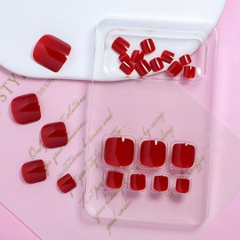 Press on Toes Nails Dark Red Toe Nails Press on Full Cover Fake Toe Nails Acrylic Toenails Daily Wear Natural Toenail Press ons Artificial Toenails for Women 24pcs