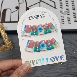 TENPAL Ocean Ombre French Tip Press On Nails With Tools,Ballerina Glossy Duckbill Coffin Nails with 3D Floral Crystals,10Pcs Icy Seafoam Glitter Vacation Acrylic Glue on Nails for Women Girls(M)