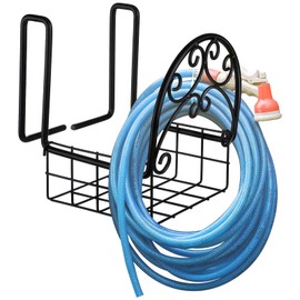 Wonderjune 2 Pack Hose Holder Wall Mount with Tool Storage Basket Garden Heavy Duty Hose Holder Hanger Fits 3/4 Inch to 1-1/4 Inch Railing for Expandable Reel Water Pocket Flexible Hook