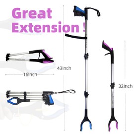 2-Pack 43”+32” Newest Grabber Reacher Tool-Long Magnetic Lightweight Aluminum Foldable Pick Up Stick,Trash Picker,Extended Grabbers, Heavy Duty Reaching Tool, Elderly Grab,Upper Claw, Assist Tool