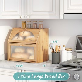 Vriccc Extra Large Bread Box for Kitchen Counter, Bamboo Wood Double Layer Bread Box for Kitchen Counter, Wooden Capacity Bread Storage Bin