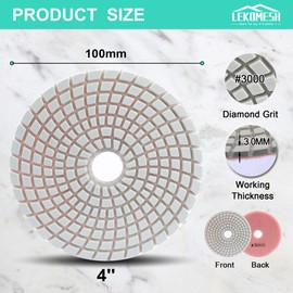 Diamond Wet Polishing Pads Set LEKOMESH - 6 Pieces 100 mm Diamond Polishing Pads for Granite, Marble, Artificial Stone, Quartz, #50-#3000 Polishing Sponge for Grinders or Polishers