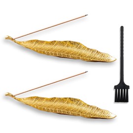 LLMtn Set of 3 Metal Leaf Incense Burners and 1 Ash Brush (Gold)