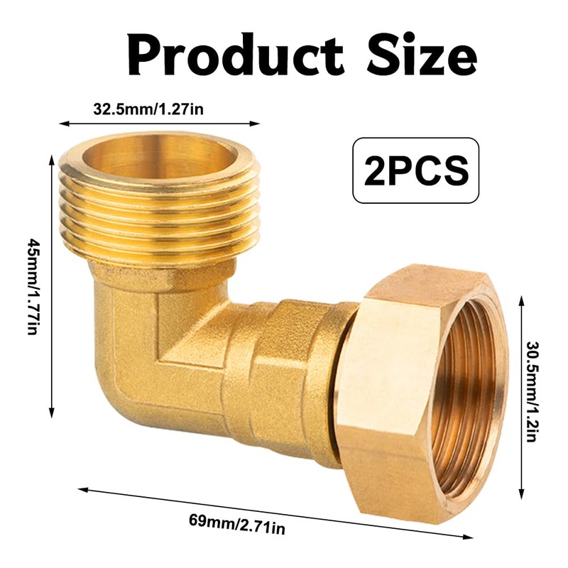 Pack of 2 Brass Movable Screw Connections, 1 Inch Brass