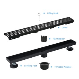 Elefloom Linear Shower Drain, Black Shower Drain 36 inch with Removable Grate Cover, Professional AISI 304 Stainless Steel Black Shower Floor Drain, Shower Drain with Hair Catcher and Leveling Feet