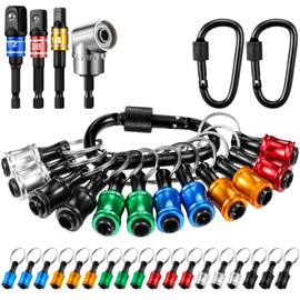 Threlaco 18 Pcs Bit Holder Keychain, 1/4 3/8 1/2 Socket Hex Shank Bit Holders Quick Release Screwdriver Extension Tool 105 Degree Right-angle Driver for Impact Men Gift for Father's Day (Multicolor)