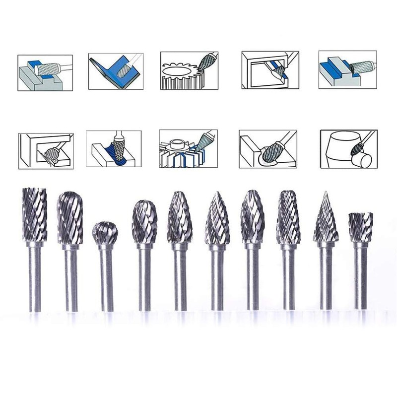 ANCLLO 10pcs Double Cut Tungsten Steel Solid Carbide Rotary Burrs