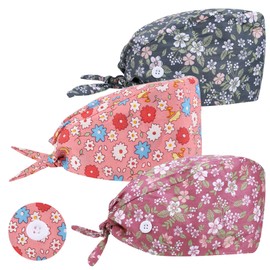 Pack of 3 Surgical Cap, Fabric Nurse Cap, Adjustable Surgical Hat, Buttons, Adjustable Work Cap with Sweatband Hoods, Bag Caps, Cotton Dust Cap, Printed Turban Hat, multicoloured