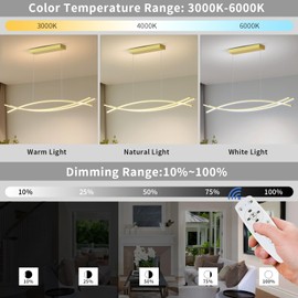 LannlKer Modern LED Pendant Lights, 59in Gold Chandelier Dimmable with Remote Control 3000k-6000K Adjustable Color Temperature, Aluminum Island Lighting Lamp Fixture for Kitchen, Dining Room