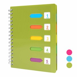 Tikplus A5 Notebook with Dividers, Notebook with Tabs, Spiral Notepad with Dividers, 240 Pages Project Book of 80 GSM Paper, Wirebound A5 Notepad for School, Office, and Home - Green