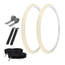 PRO+ Pair of Bicycle TIRE 700 X 28 Cream/Cream SIDEWALL (2) Tires W/Tubes 48MM Presta Valve, Rim Strips & TIRE LEVERS G-5013